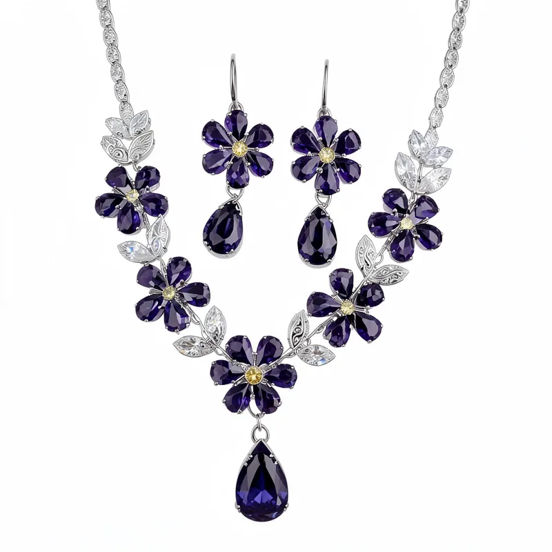 Vintage Kupfer Zirkonia Blume Wassertropfen Schmuckset Mit Silber Ohrringpfosten Luxuriöse Halskette Und Ohrringe Set Für Frauen