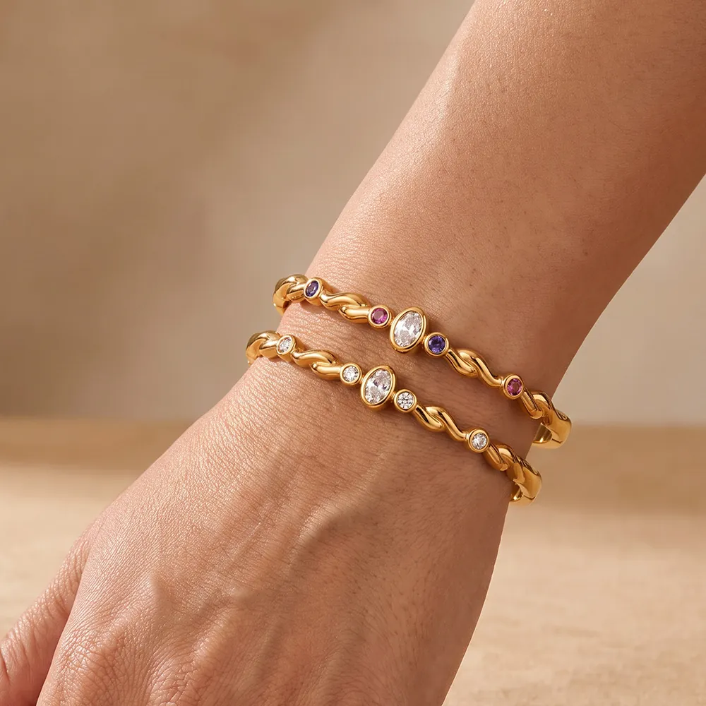 Jonc en Acier Inoxydable pour Femmes Plaqué Or 18K Géométrique Rond Vague Torsadée Incrusté de Strass Bijoux Haut de Gamme
