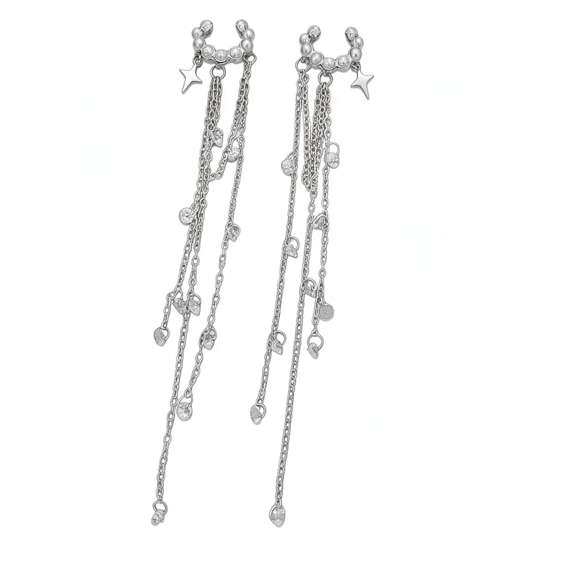 Perlenbesetzte Stern Quaste Künstliche Perle Ohrclips Für Damen Ohne Loch Personalisierte Legierung Zirkonia Lange Hängeohrringe Elegant Silber