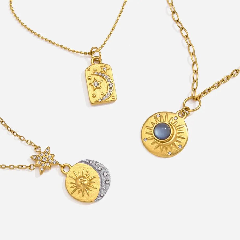 Himmels Sonne Mond Stern Anhänger Halskette Edelstahl Vergoldet Harz Strass Halsschmuck Für Damen Mode Geschenk