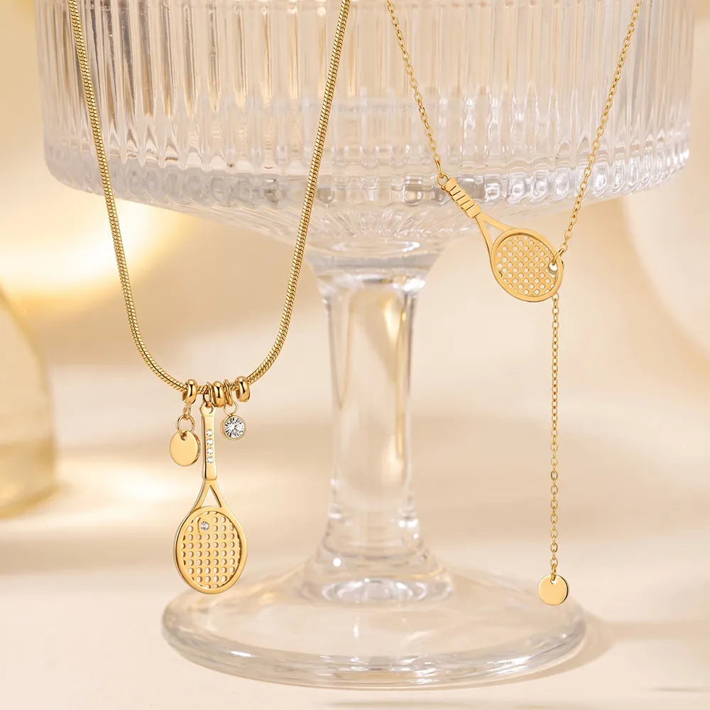 Retro Sportstil Edelstahl Schläger Anhänger Halskette 18K Vergoldet Strass Tennis Racket Halskette Schmuck Für Damen