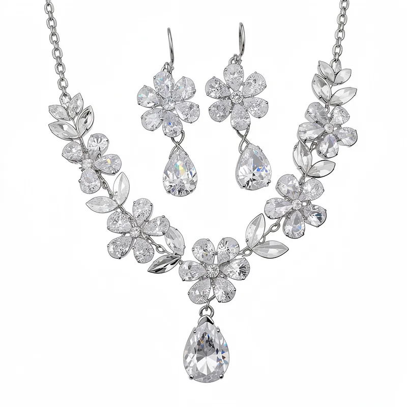 Leichter Luxus Zirkonia Blume Wassertropfen Schmuckset Für Damen Kupfer Halskette Und Ohrring Set Elegante Hochzeit Bankett Accessoires
