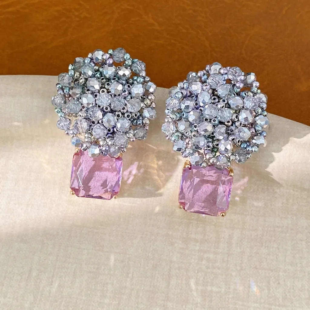 Elegante Glasperlen Runde Ohrstecker Mit 925 Sterlingsilber Ohrstecker-Stift Quadratischem Zirkonia Anhänger Lila Grau Schmuck