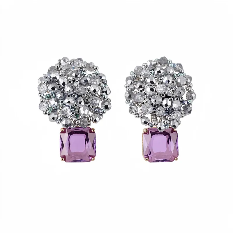 Elegante Glazen Kralen Ronde Oorknopjes Met 925 Sterling Zilver Stift Vierkante Zirconia Hanger Paars Grijs Sieraden