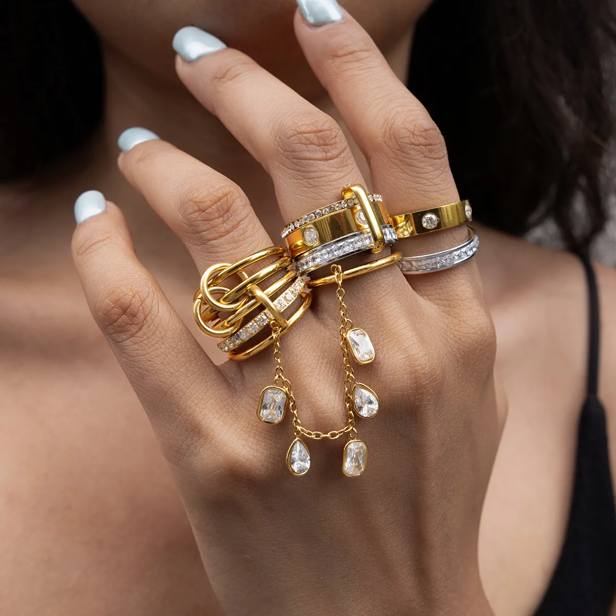 Vintage Luxuriöse Edelstahl Stapelringe Für Damen Gold Silber Strass Pave Büroklammer Kettenglied Fingerring Schmuck Geschenk