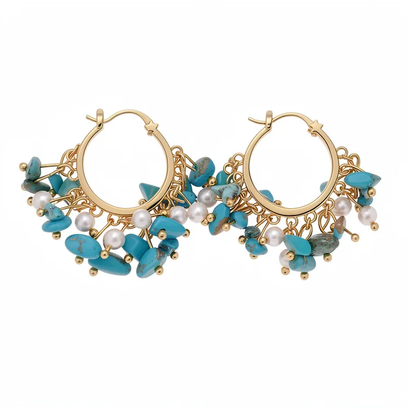 Vintage Placcato Oro Rame Pietra Nappa Orecchini Con Perla Artificiale Nappa Pendenti Orecchini a Cerchio da Donna Gioielli Retro