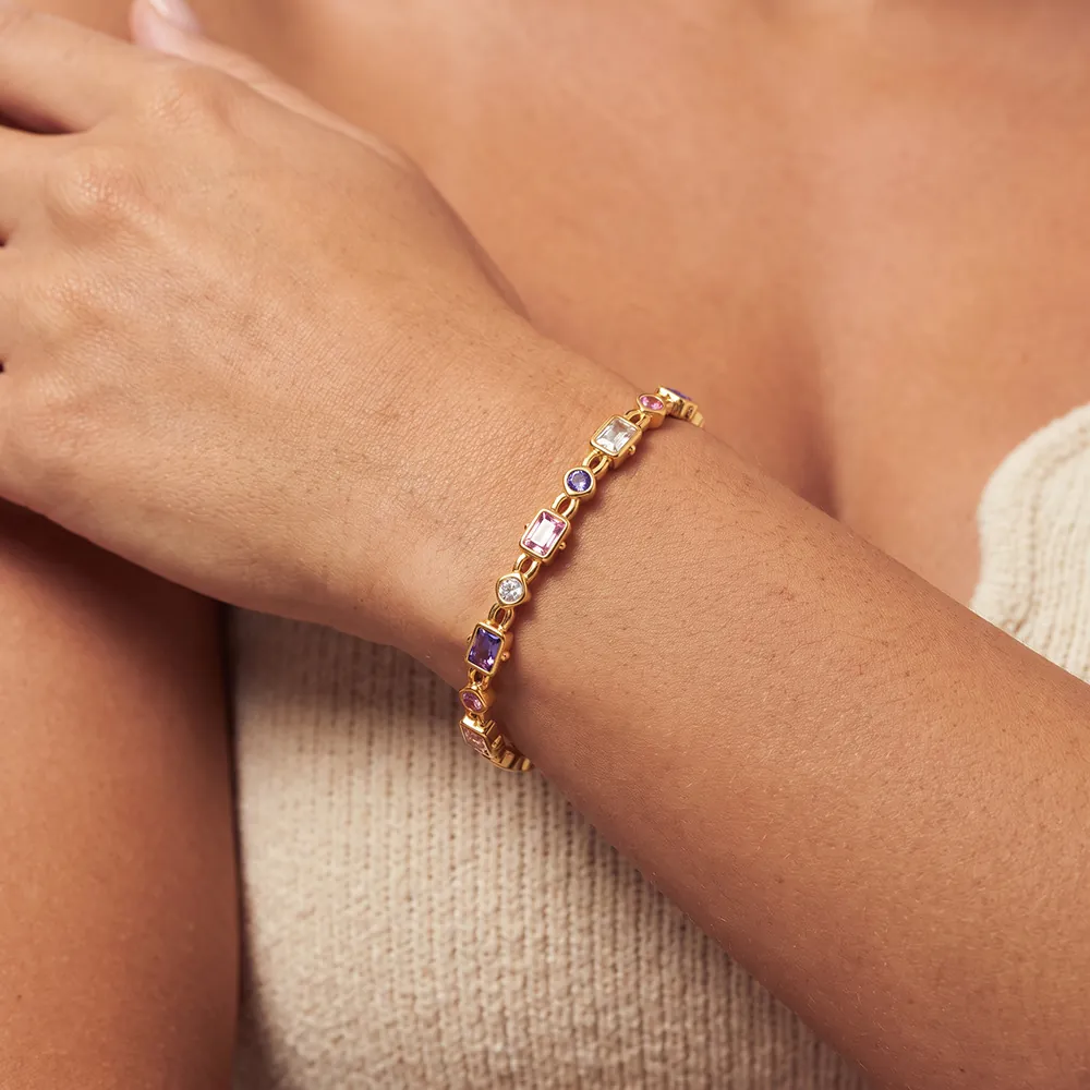 Luxus Edelstahl Armreif Für Damen Bunte Geometrische Runde Quadratische Zirkonia Eingelegt 18K Vergoldet Modeschmuck