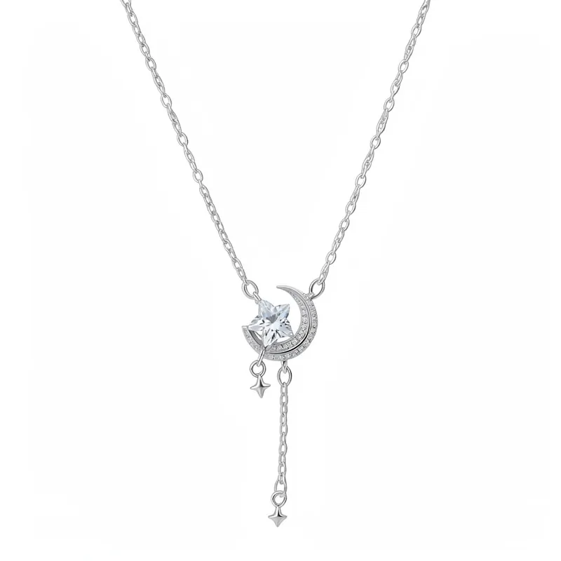 Mode Zirconia Ster Maan Hanger Halsketting Voor Vrouwen Koper Verzilverd Zoete Sierlijke Sleutelbeenketting Sieraden Cadeau