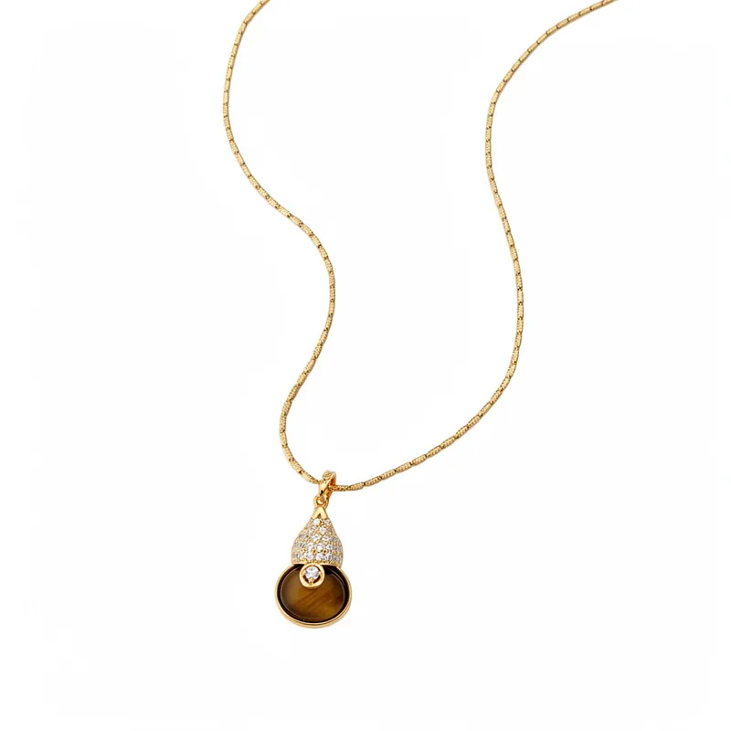 18k Vergulde Koperen Wu Lou Hanger Halsketting Literair Retro Zirconia Steen Tijgeroog Fleskalebas Sleutelbeenhalsketting Sieraden Dames