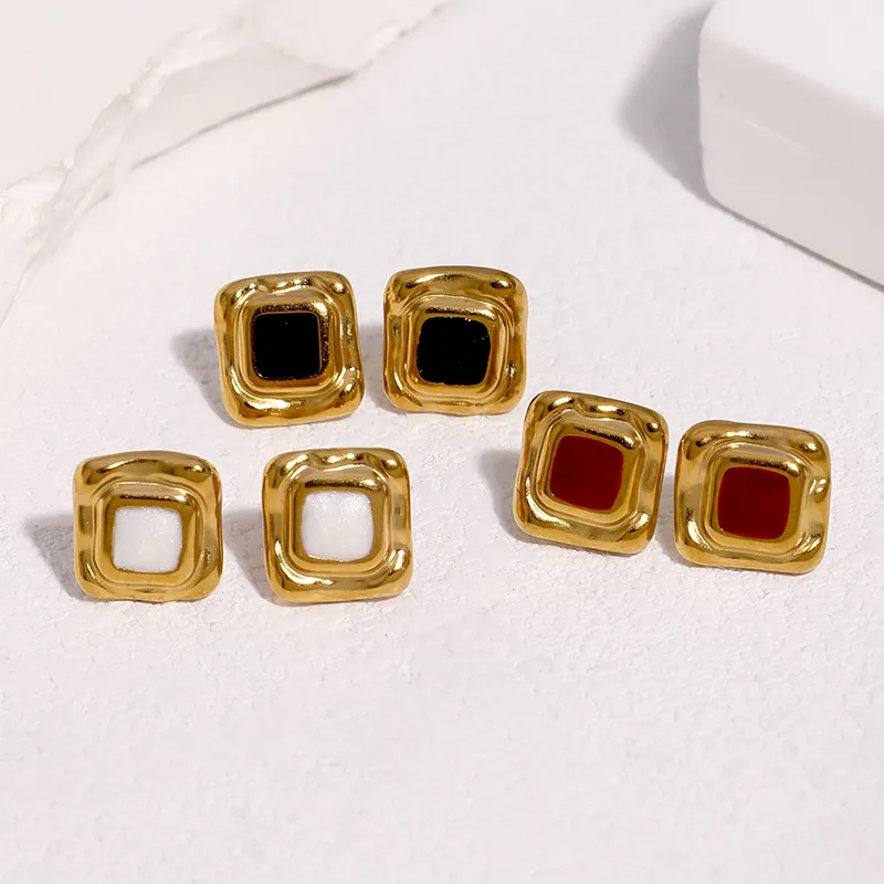 Franse Vintage Geometrische Vierkante Emaille Oorknopjes Roestvrij Staal 18K Verguld Elegante Sieraden Dames