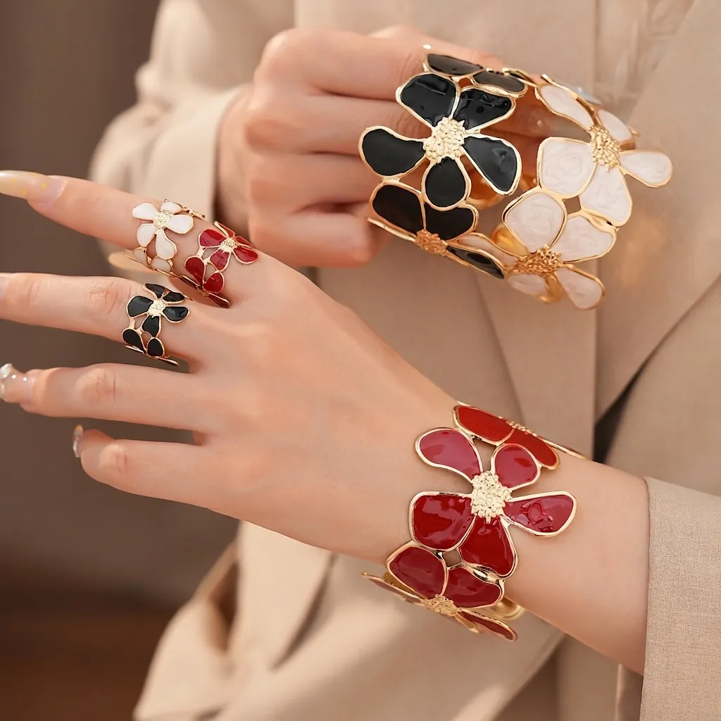 Europäisches Gefaltetes Blumen-Öltropfen-Offener-Ring-Und-Armband-Set Gold Vergoldet Emaille Floral Schmuck Zweiteiler Für Damen
