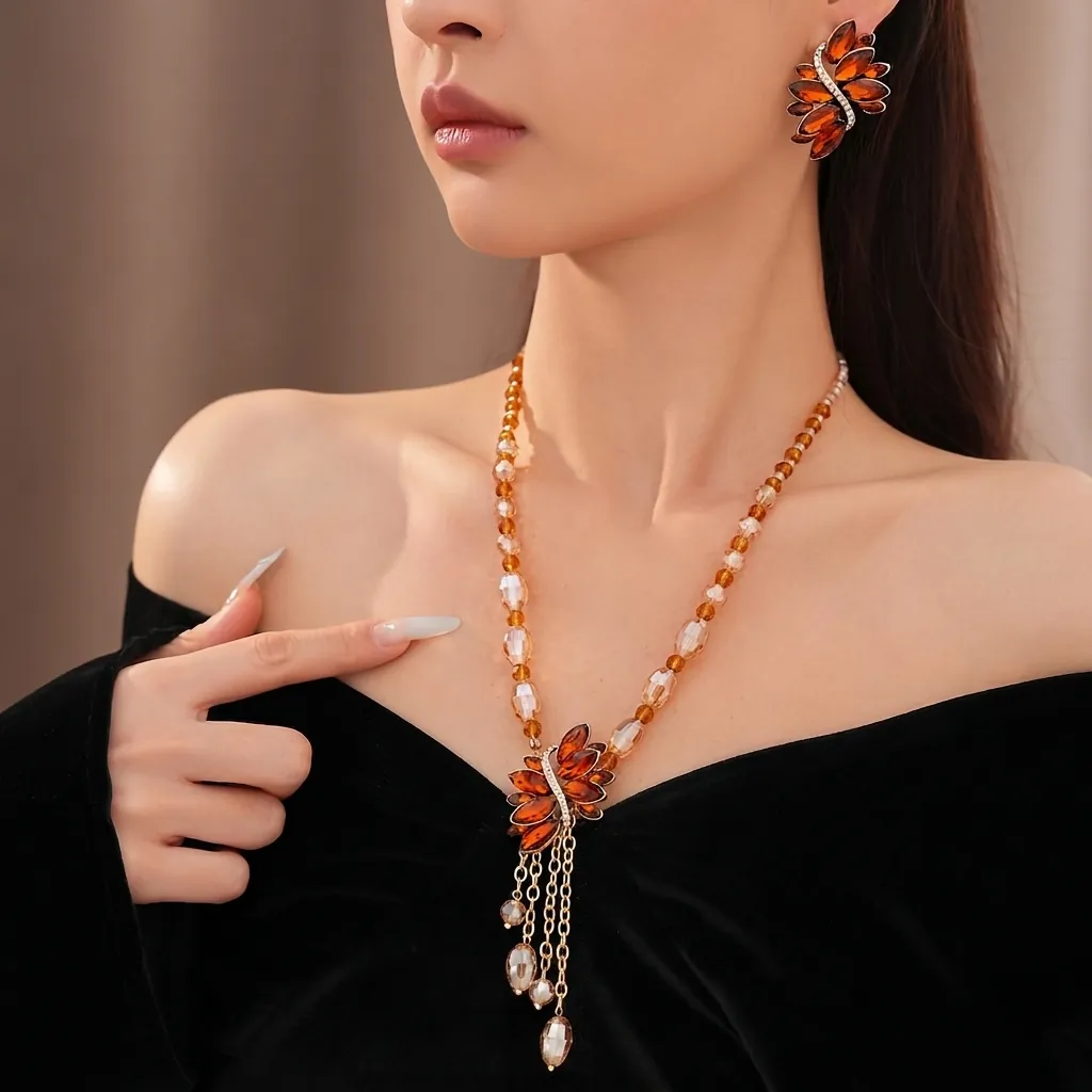 Ensemble de Collier et Boucles d'Oreilles à Gland en Goutte d'Eau en Strass Perlé Style Palais Vintage Or Café Blanc Bijoux Élégants et Luxueux pour Femme Banquet