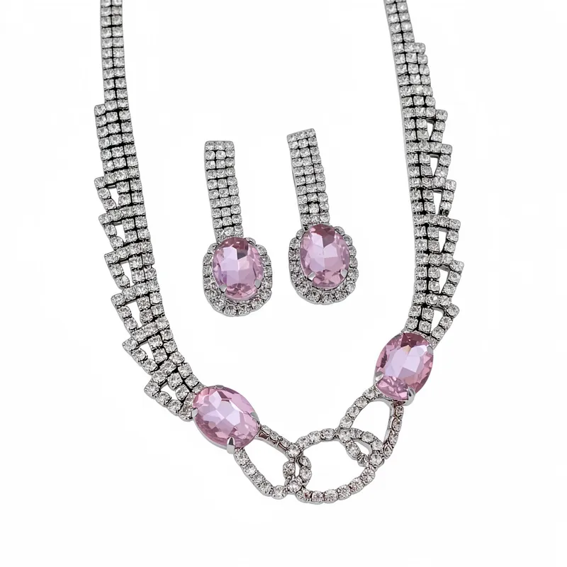 Ovale Strass Halskette Und Ohrring Set Elegante Versilberte Kupfer Schmuck Für Damen Bankett Party Accessoires