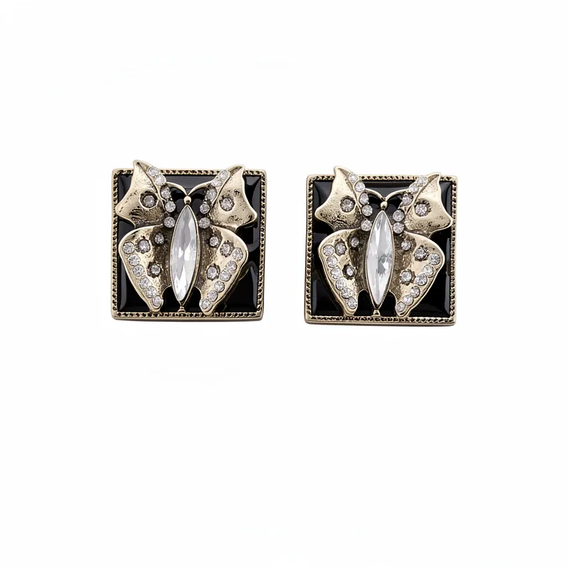 Vintage Schwarz Emaille Schmetterling Schmuckset Legierung Quadrat Strass Anhänger Halskette Und Ohrstecker Für Damen Retro Accessoires