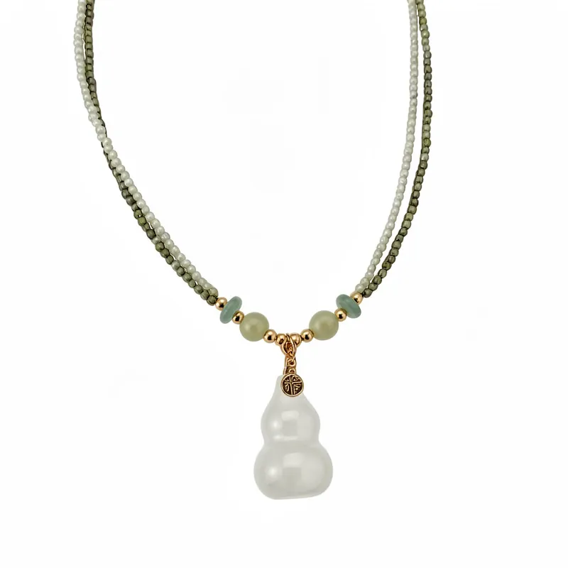 18K Gold Galvanisiert Doppelschichtige Steinperlen Flaschenkürbis Anhänger Halskette Chinesischer Stil Vintage Damen Schmuck