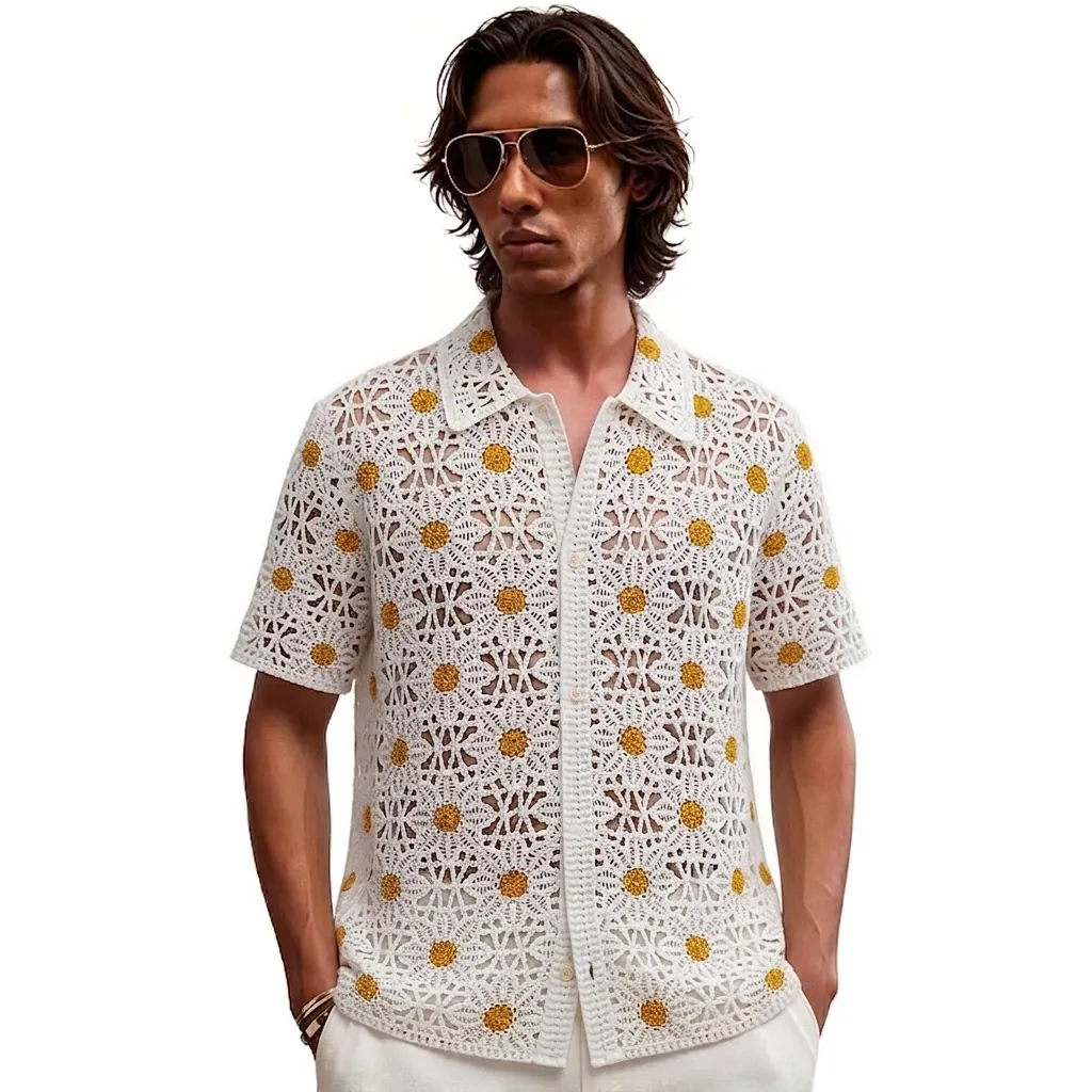 Herren Urlaubsstil Gänseblümchen Jacquard Ausgehöhltes Strick Polo Shirt Sommer Casual Kurzarm Knopfleiste Top Für Herren Weiß Gelb