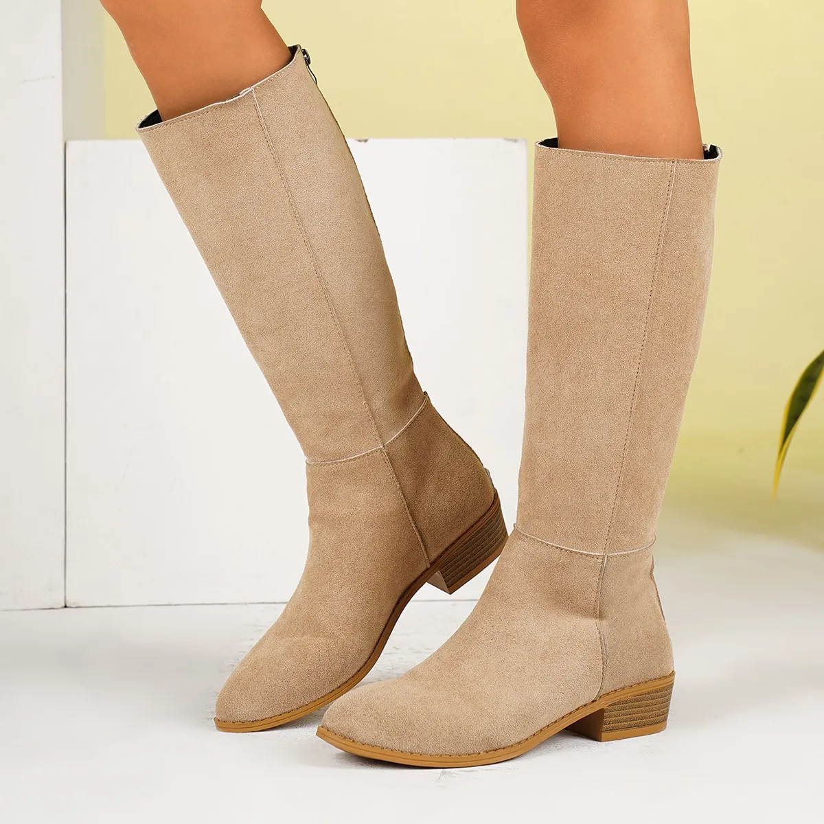 Women Suede Knee High Boots Chunky Mid Heel Back Zipper Western Style Fashion Long Boots With Rubber Sole For Daily Wear