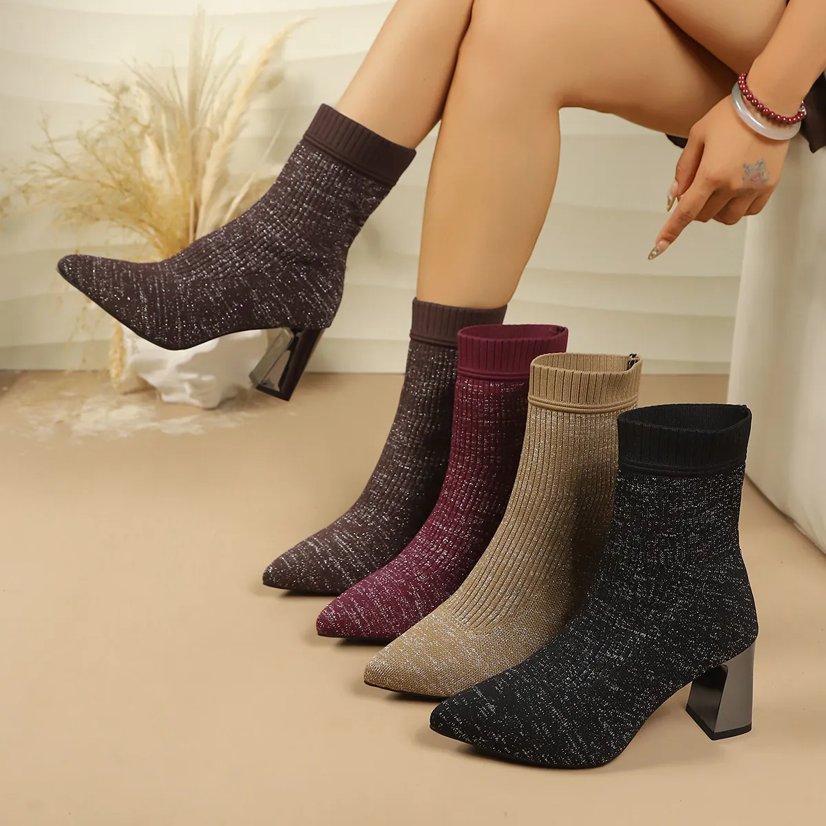 Women Pointed Toe Chunky High Heel Knit Sock Boots Glitter Autumn Winter Ankle Boots Metallic Finish Party Footwear