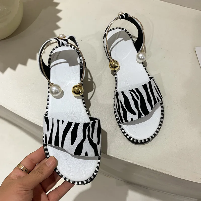 Women's Fashion Flat Sandals Pearl Ankle Strap Open Toe Leopard Zebra Pattern Ankle Strap Casual Summer Sandals