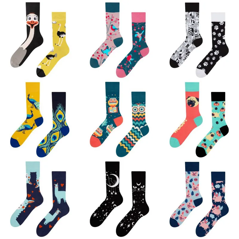 Unisex Animal Jacquard AB Mismatched Crew Socks Fashion Mid-Calf Cotton Streetwear Socks For Men Women Gift
