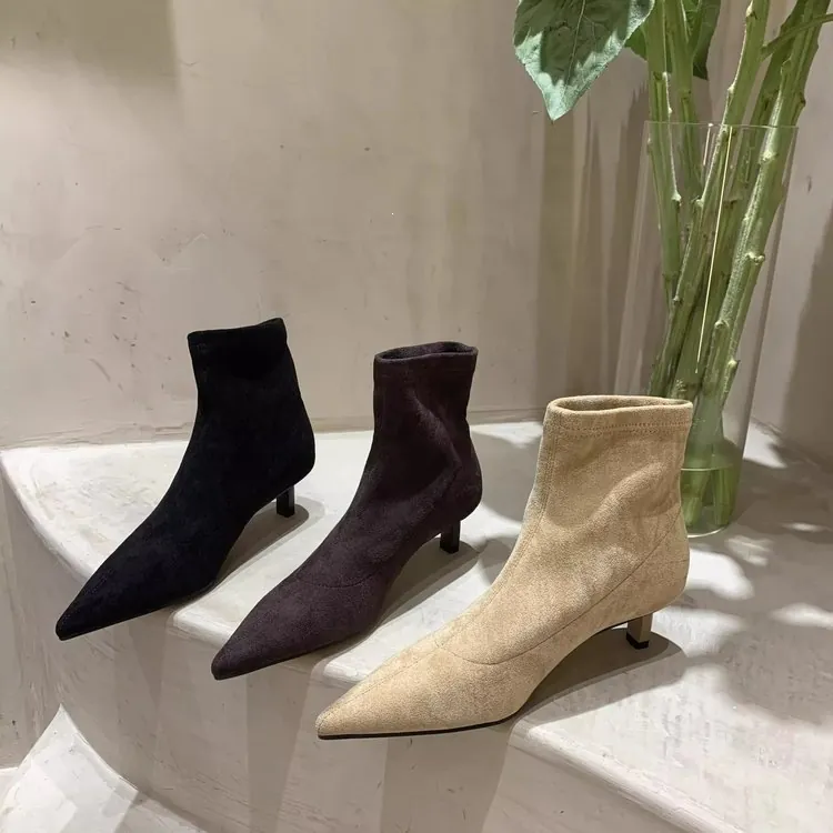 Damen Spitze Stiletto Stiefeletten Herbst Winter Wildleder Stretch Sockenstiefel Mode High Heel Pendler Schlanke Wadenhohe Stiefel