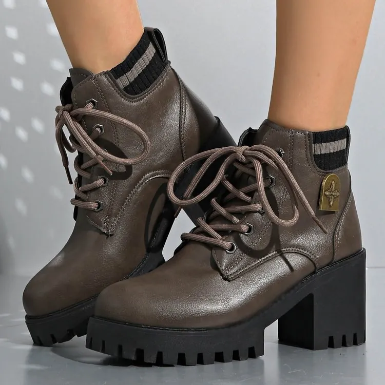Women Martin Boots Chunky Heel Platform Lace Up Ankle Boots Synthetic Leather Knit Cuff British Style Casual Fashion Footwear