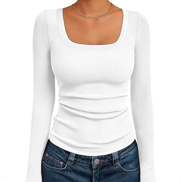 Dames Ribgebreid Vierkante Hals Lange Mouw Top Slim Fit Casual Effen Kleur Polyester Elastaan Basic T-Shirt