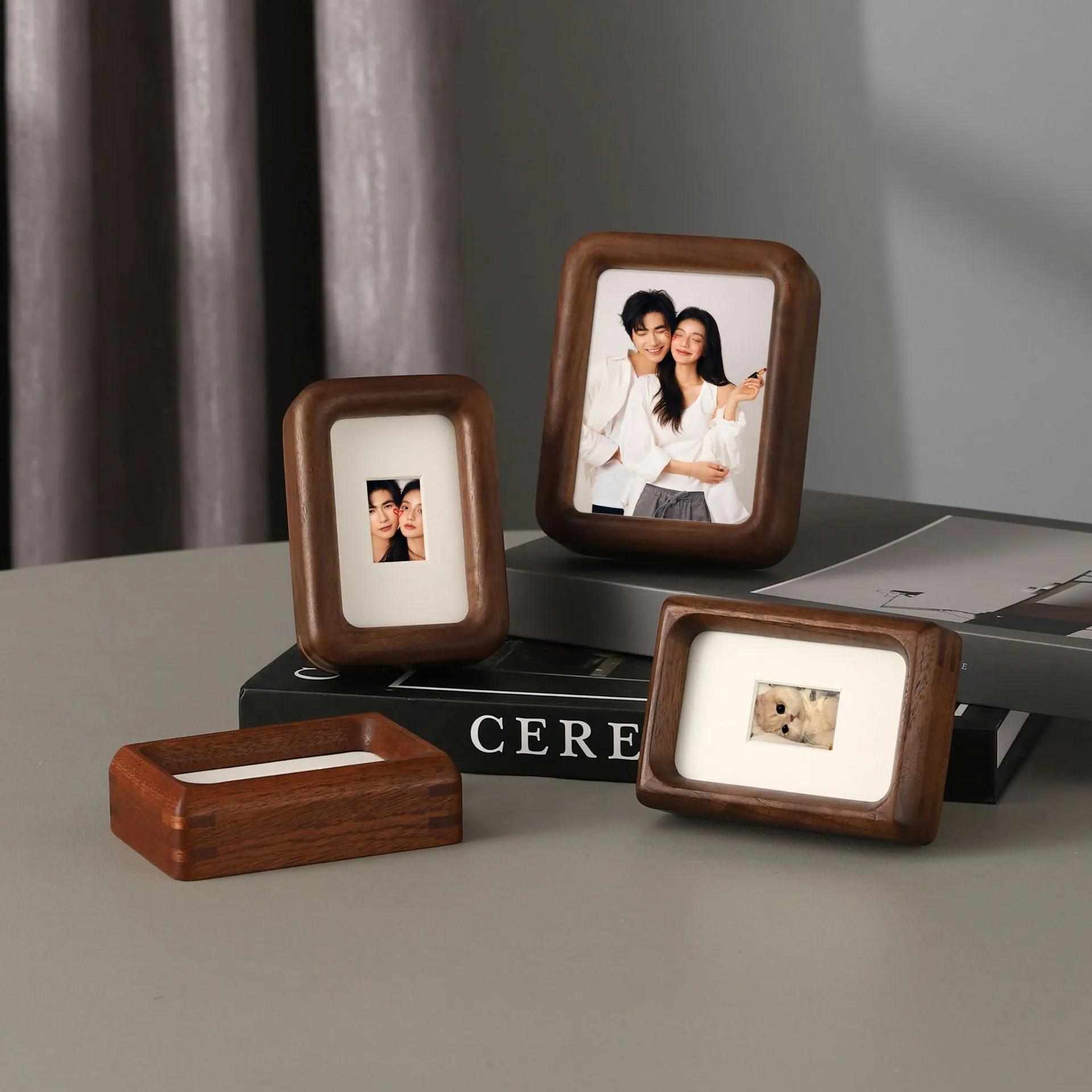 Schwarzes Walnussholz Mini Fotorahmen Schlitz- und Zapfenverbindung Rechteckiger Tischrahmen für 3 4 5 Zoll Instax Fotos DIY Display