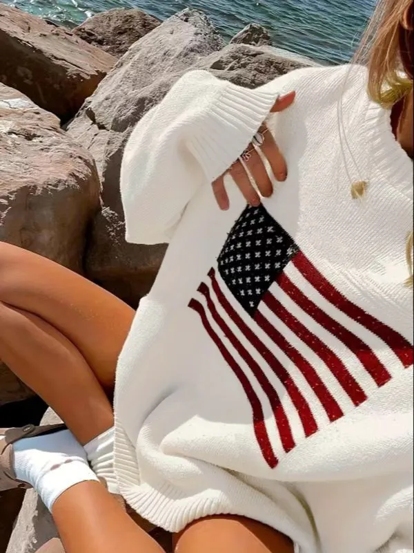 American Vintage Street Women Oversized Knit Sweater US Flag Pattern Loose Round Neck Pullover Long Sleeve Knitted Top