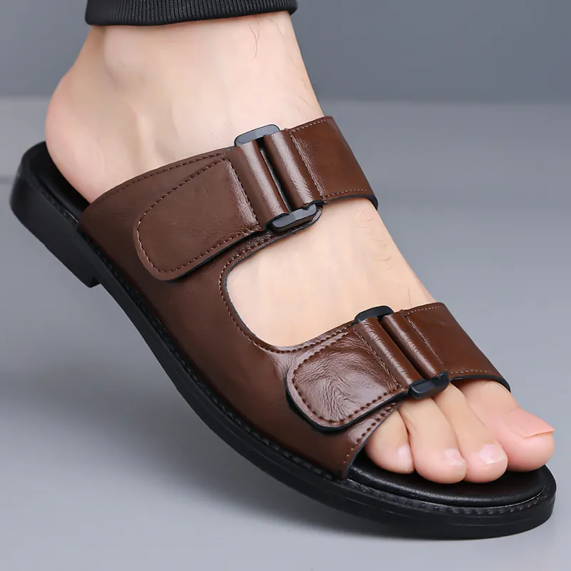 Herren Retro Lässig Strand Sandalen Doppel Schnalle Riemen Flache Pantoletten Atmungsaktiv Rutschfest Mikrofaser Leder Outdoor Hausschuhe