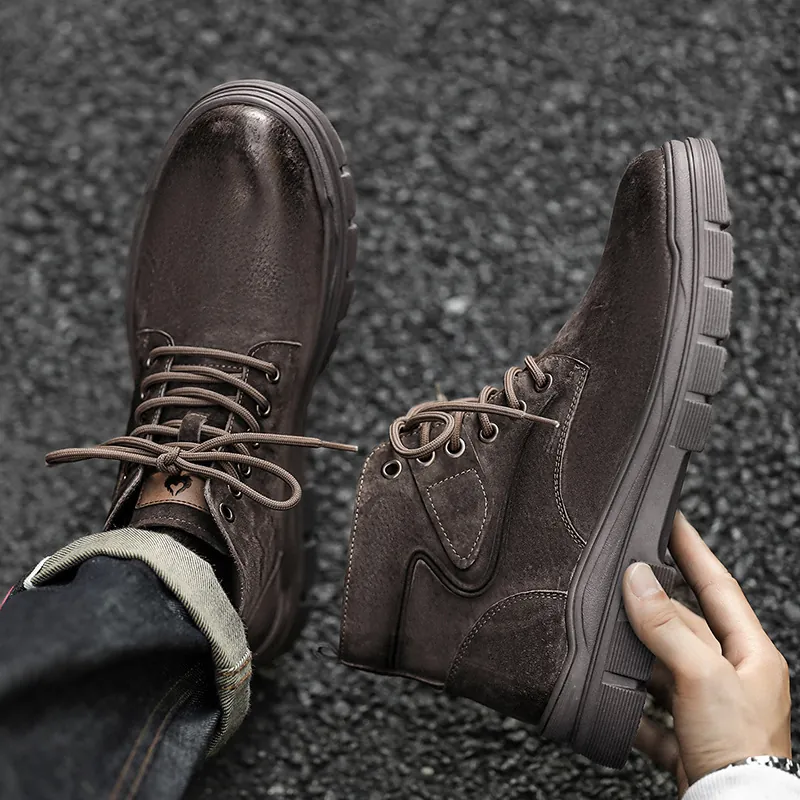 Men's Work Boots Vintage Outdoor Martin Boots High Top Pigskin Leather Lace Up Casual Boots Anti Slip Mid Heel Winter Shoes