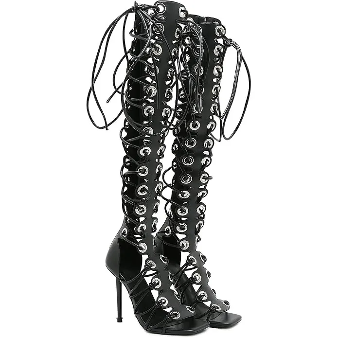 Dames Mode Stiletto Hak Kniehoge Laarzen Kunstleer Open Teen Veter Gladiator Sandalen Romeinse Stijl Rits Achterkant Feest