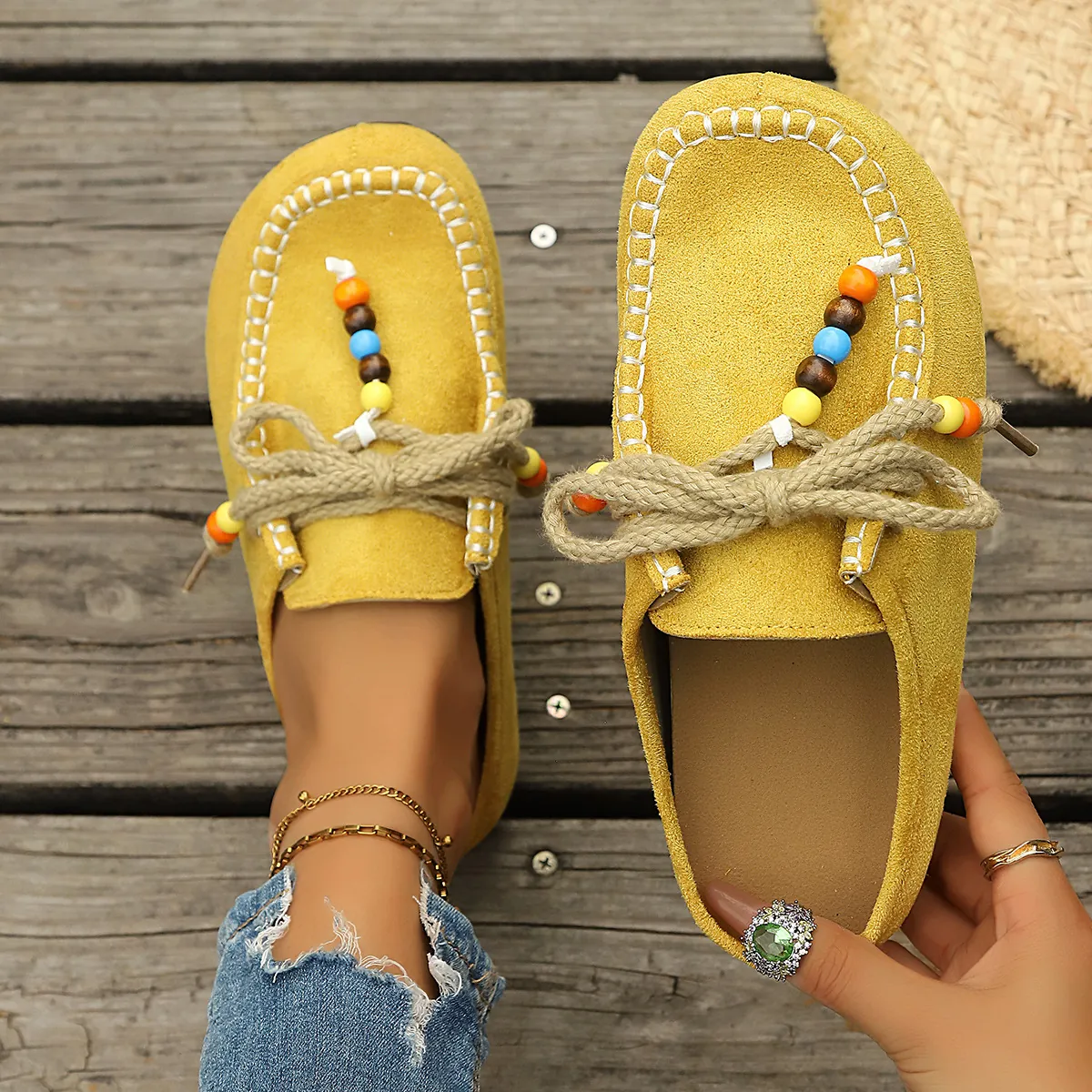 Pantuflas Étnicas de Gamuza con Cuentas para Mujer Suela Gruesa Mules Casuales Bohemias Zapatos de Vacaciones