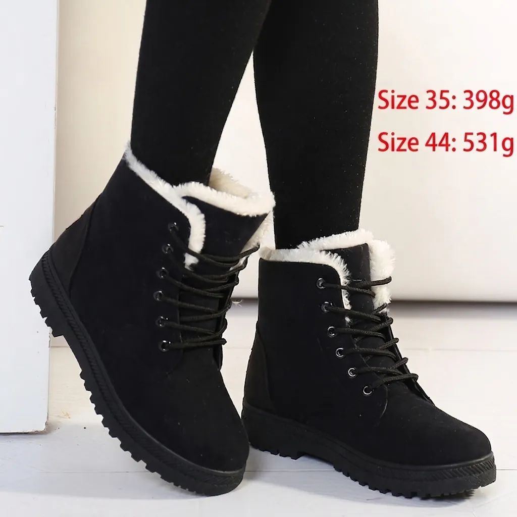 Damen Schneestiefel Warm Kunstpelz Gefüttert Wildleder Kurzstiefel Schnürung Flacher Absatz Rutschfest Winter Baumwollschuhe