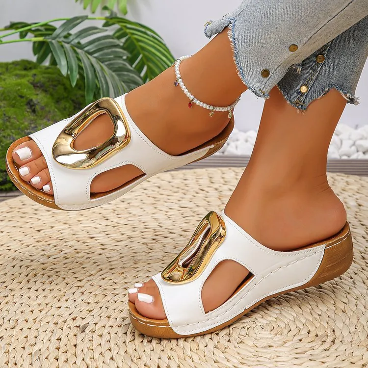 Women Wedge Platform Sandals 2025 Fashion Metal Buckle Beach Slippers Casual Summer PU Leather Open Toe Thick Sole Mules