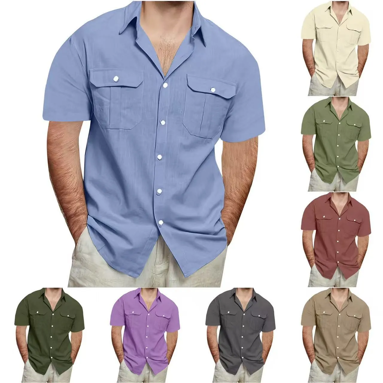 Men Casual Cotton Linen Short Sleeve Shirt With Double Pockets Button Down Collar Solid Color Summer Vacation Top For Men