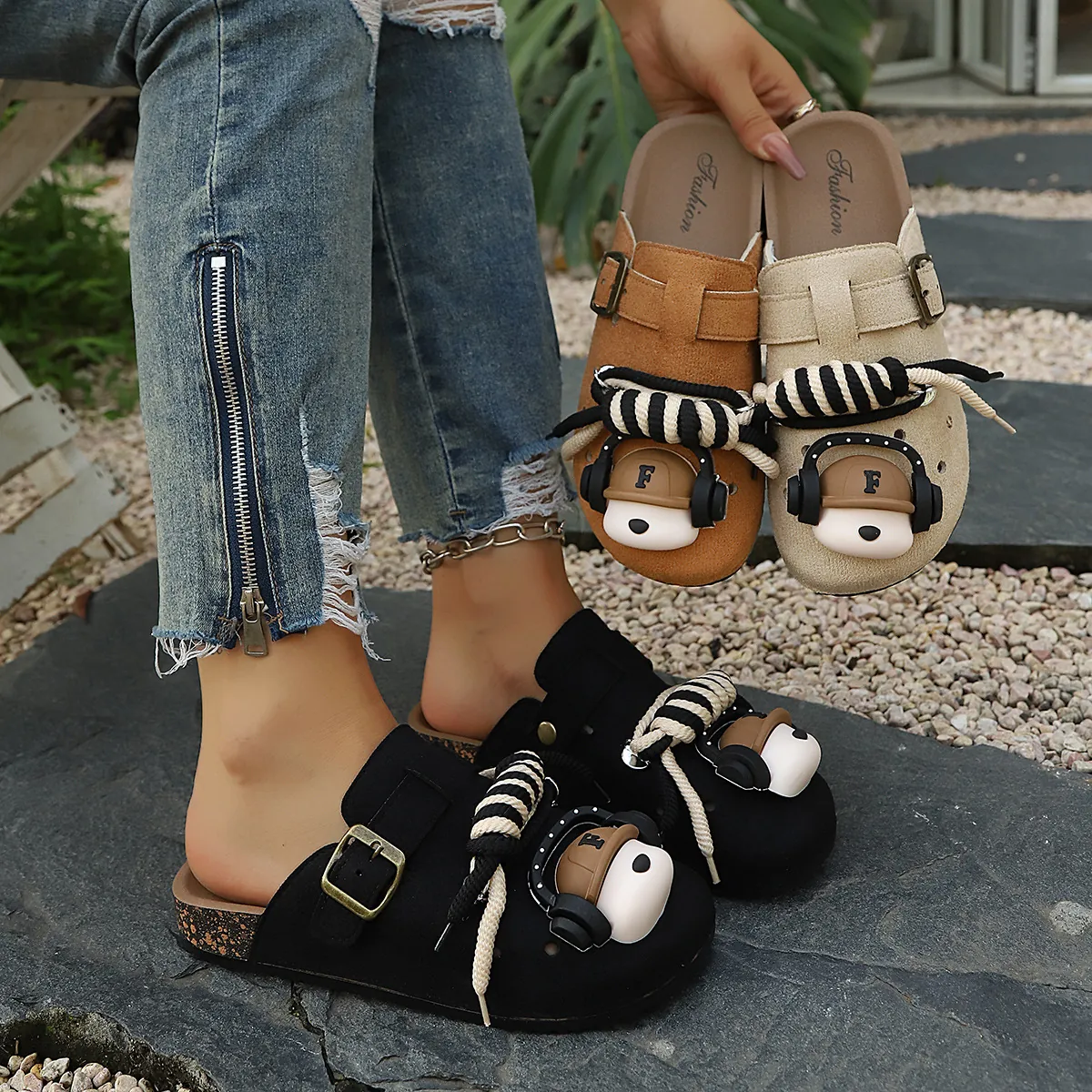 Women Birkenstock Style Platform Clogs Cartoon Bear Decor Soft PVC Sole Summer Slip-On Slippers For Beach Outdoor