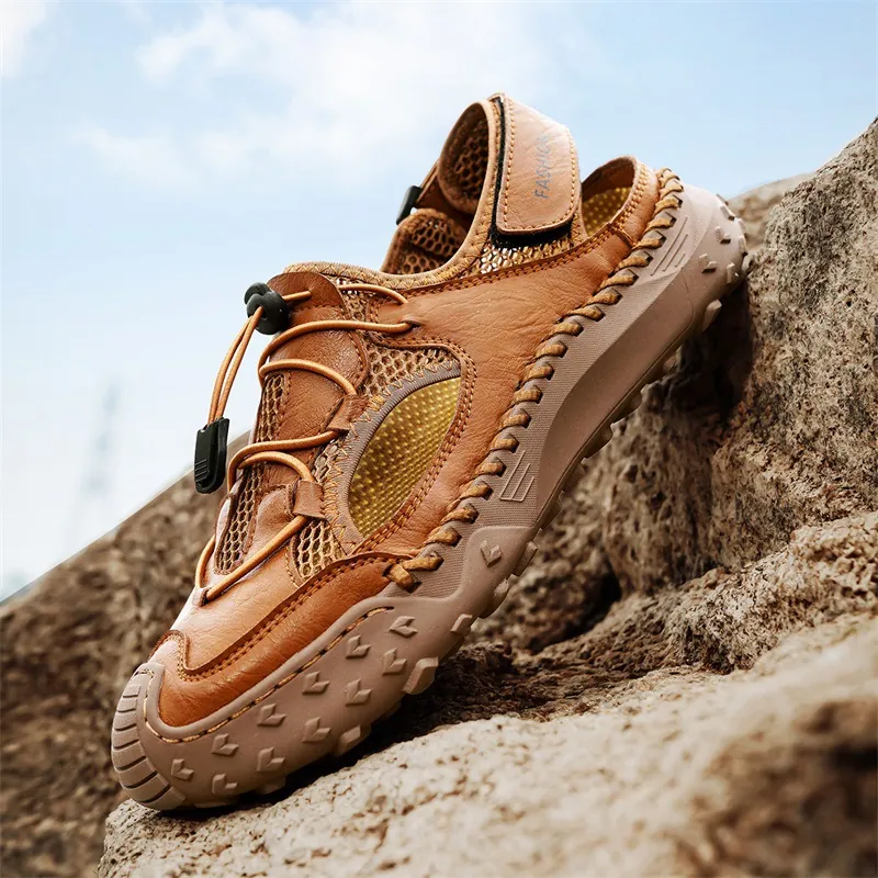Men Genuine Leather Sandals Summer Outdoor Beach Shoes Breathable Hollow Out Slip-On Casual Non-Slip Soft Rubber Sole Shoes