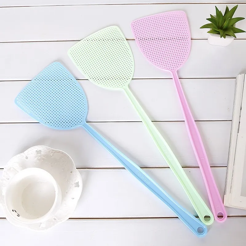 Manual Fly Swatter Plastic Long Handle Household Mosquito Pest Control Lightweight Fine Mesh Grid Hanging Hole Tool