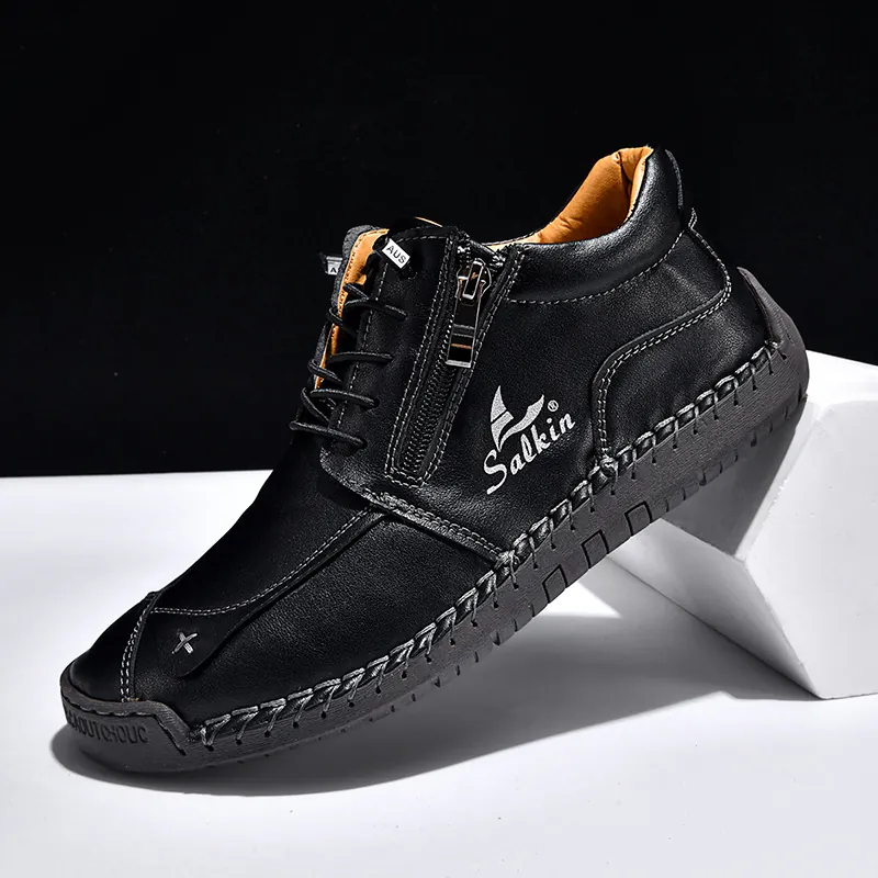 Unisex Hand-Stitched Casual Shoes Microfiber Leather Flat Martin Boots With Side Zipper Anti-Slip Rubber Sole Autumn Winter Walking Shoes