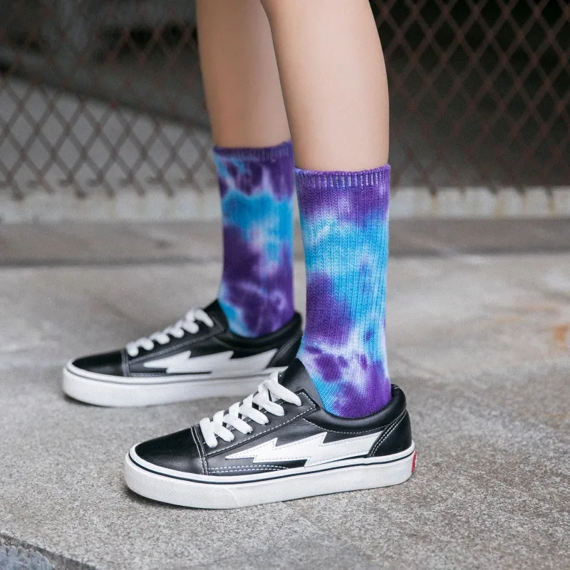 Japanse Tie-Dye Slouch Sokken Unisex Kuitlengte Skateboard Sokken Dubbelnaalds Dik Katoen Street Style Sportieve Sokken