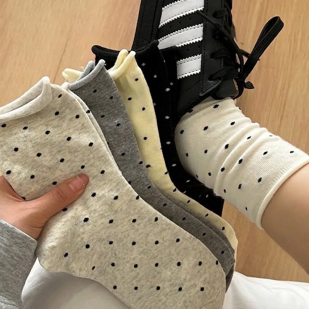 Women Korean Style Rolled Edge Polka Dot Crew Socks Polyester Antibacterial Breathable Preppy Fashion Casual Daily Socks
