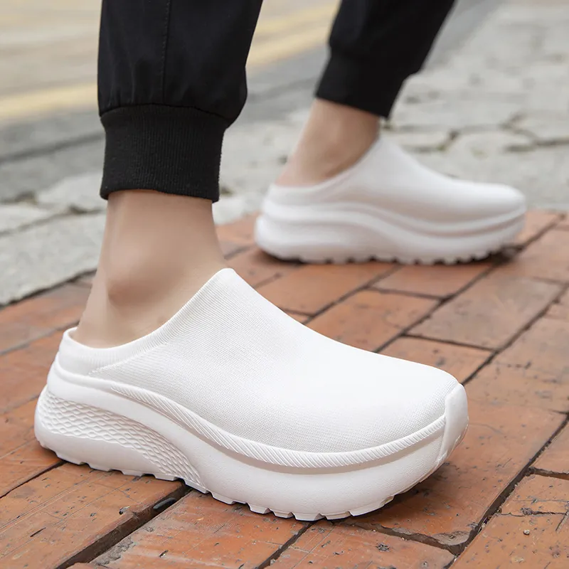 Unisex Casual Sock Shoes Men Women Half Slippers Thick Sole Breathable Fly-knit Mules Slip-on Platform Fashion Sneakers Footwear