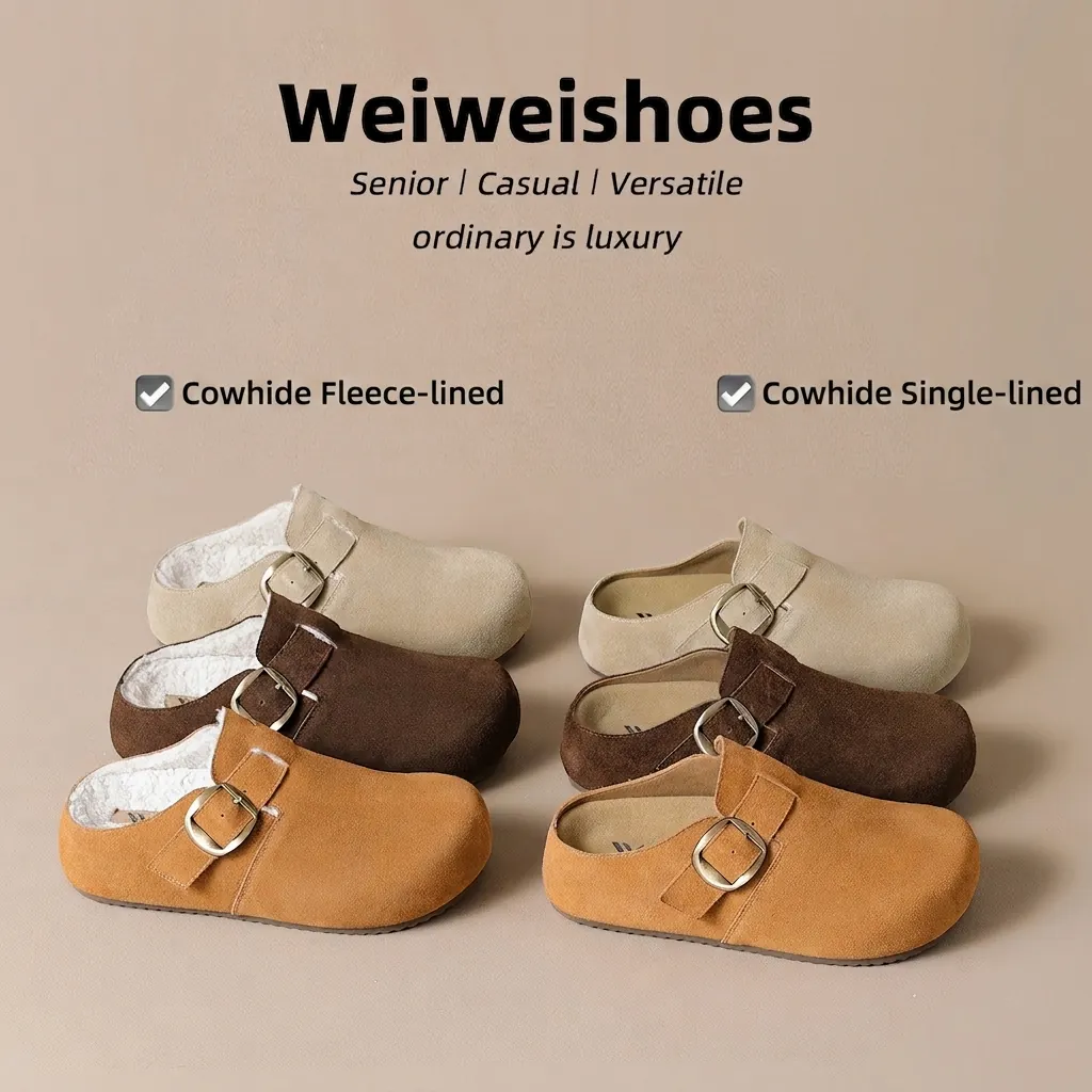 Women Suede Buckle Clogs Thick Sole Hidden Wedge Slippers Fleece Lined Round Toe Outdoor Autumn Winter Retro Casual Mules