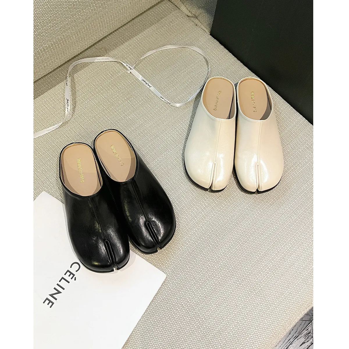 Französischer Stil Split Toe Tabi Pantoletten Für Damen Flache Geschlossene Zehenpartie Bequeme PU Leder Casual Outdoor Schuhe