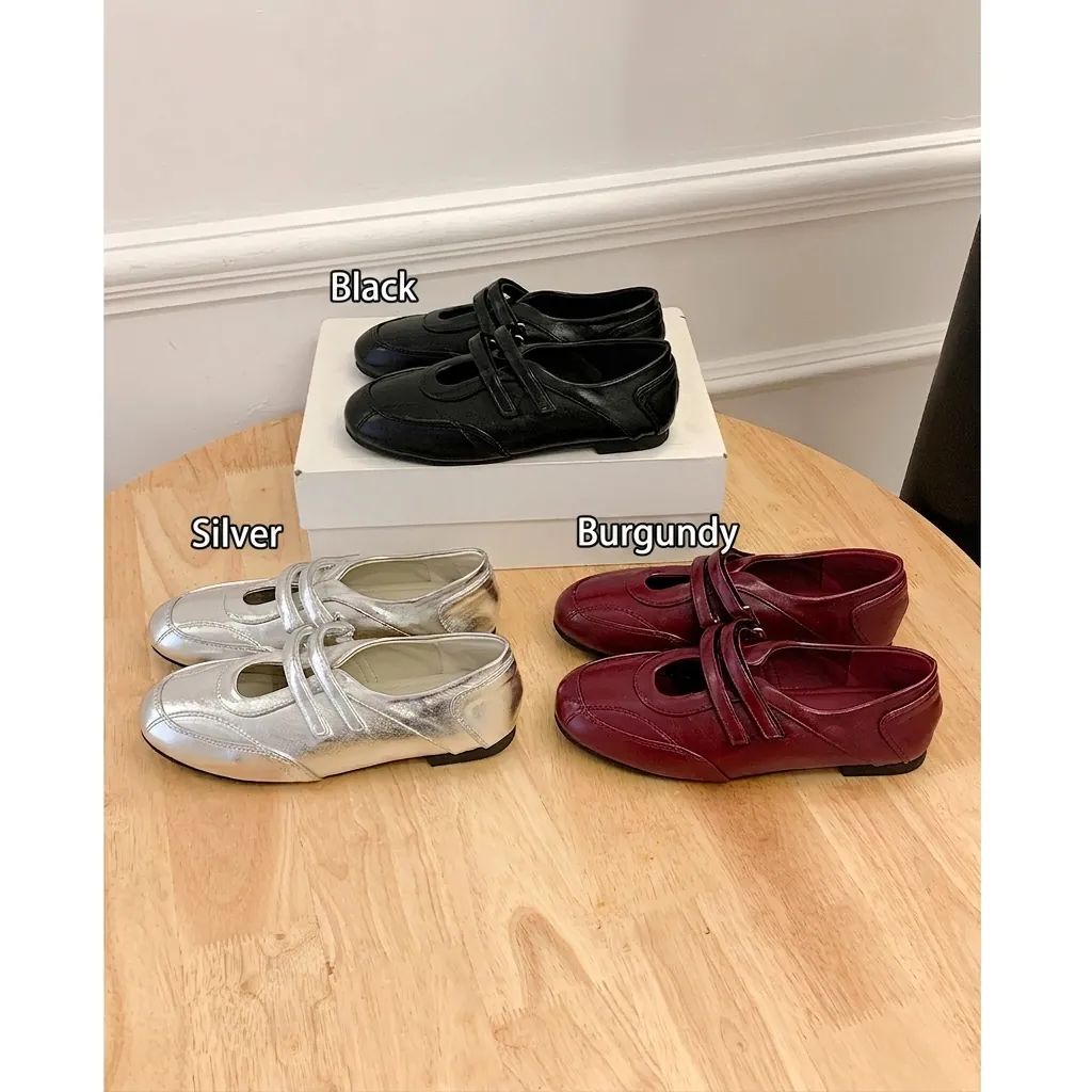 Damen Rindsleder Mary Jane Schuhe Französischer Stil Flache Freizeit Schuhe Mit Doppel Klettverschluss Bequeme Pendler Schuhe