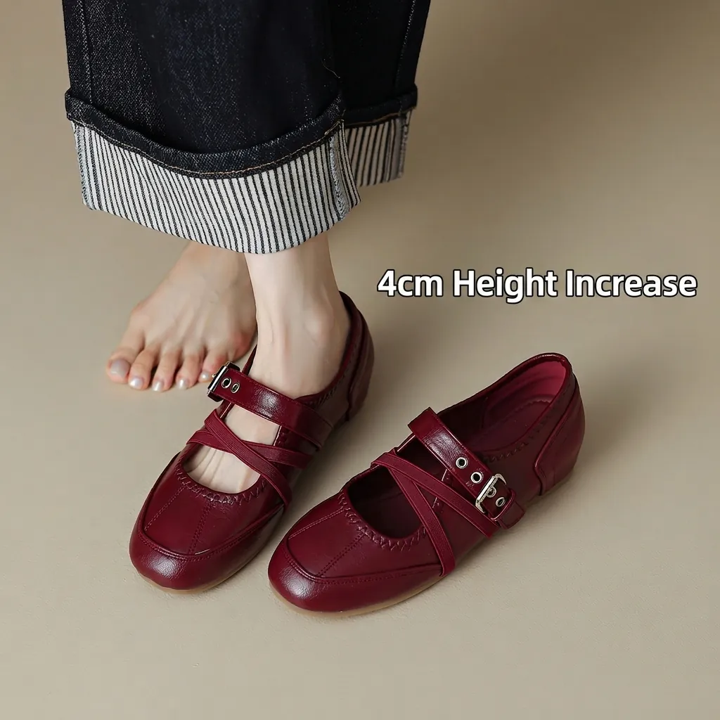 Vintage Mary Jane Shoes For Women Ballet Style Flats Cross Elastic Straps Metal Buckle Round Toe Comfortable Casual Low Top Walking Shoes