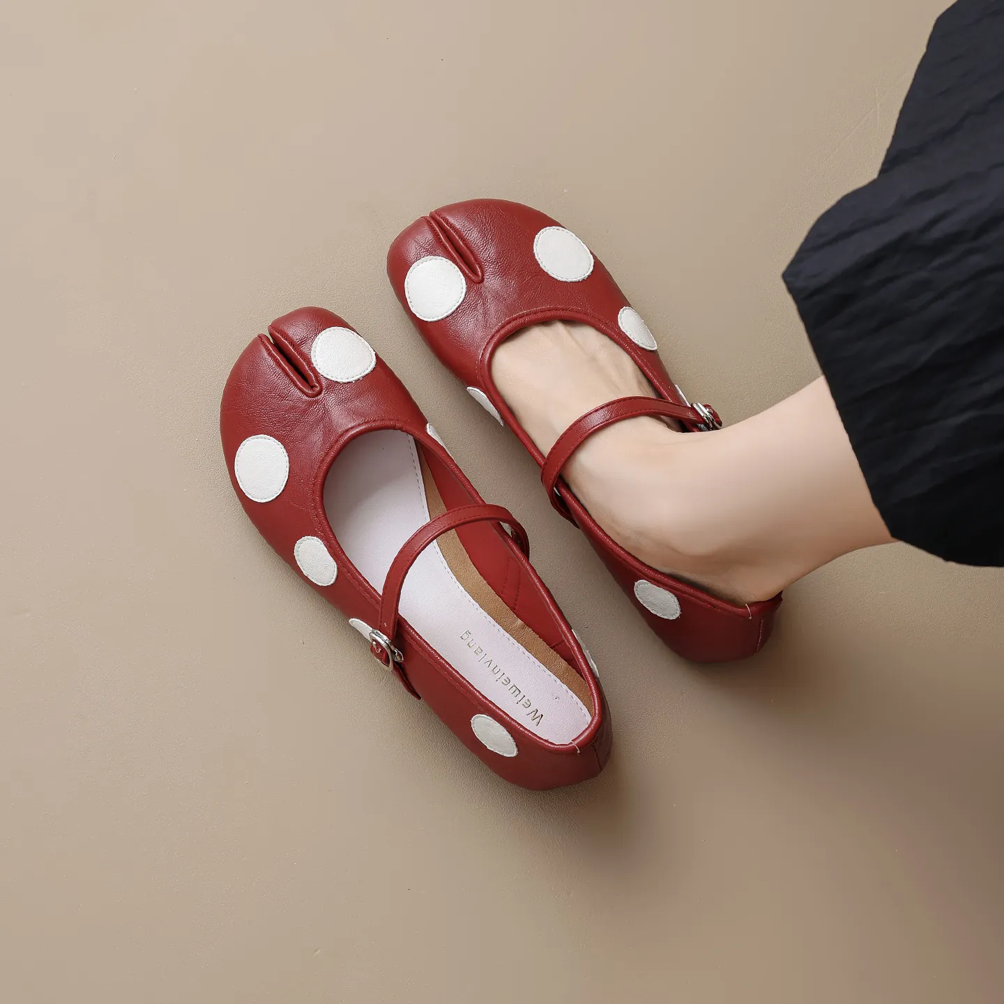Vintage Punktmuster Tabi Mary Jane Flache Schuhe Für Damen Split-Toe Ballerinas Mit Einzelner Schnalle Freizeitschuhe