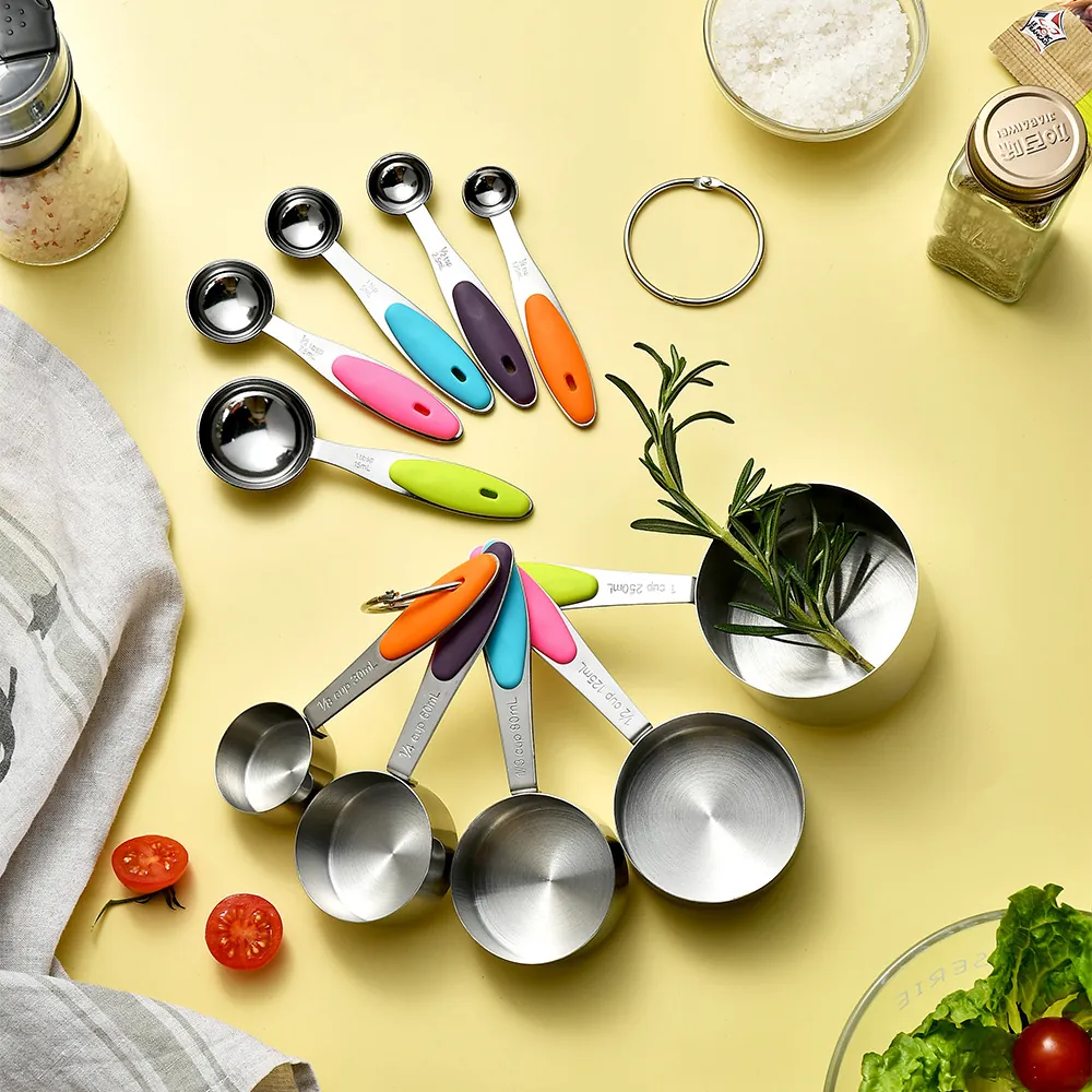 Professional Stainless Steel Measuring Cups And Spoons With Colorful Silicone Handles Engraved Markings For Kitchen Baking Tools