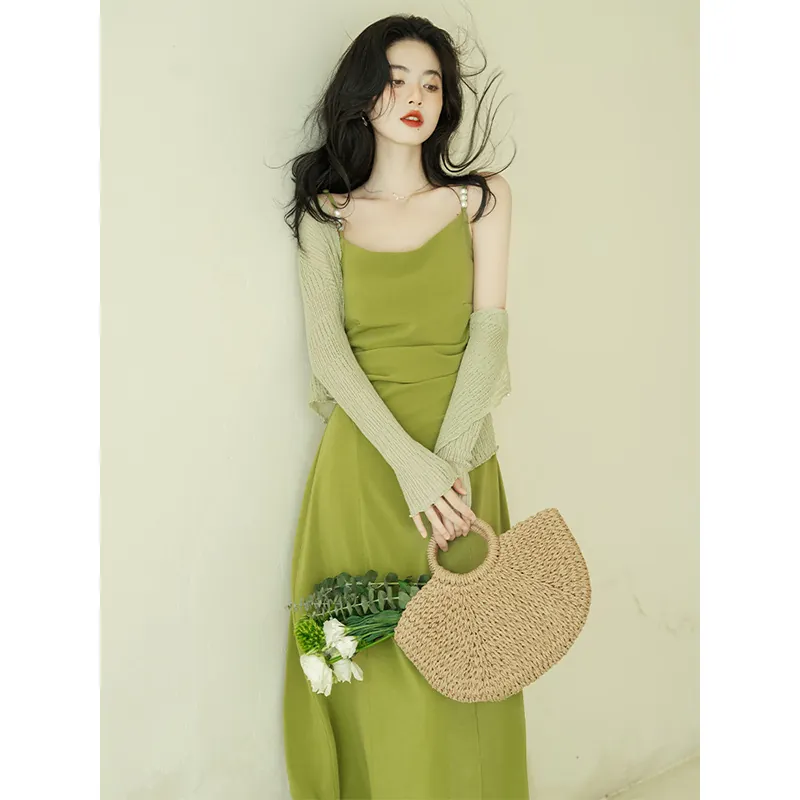 French Style Women Elegant Set Knitted Cardigan And Pearl Strap Slip Dress Solid Color Slim Fit Spring Summer Maxi Dress